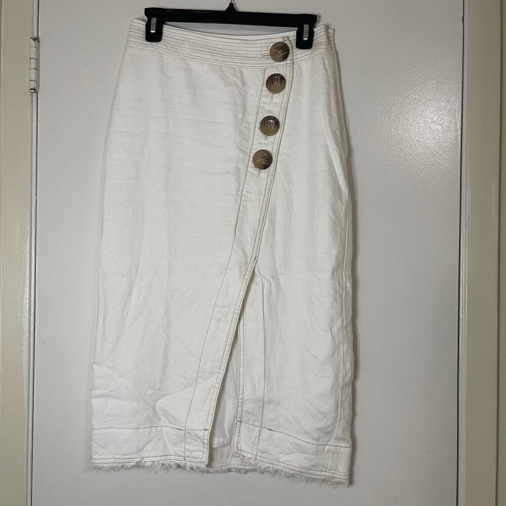 Anthropologie MAEVE side button split linen midi white ivory high waist skirt 4